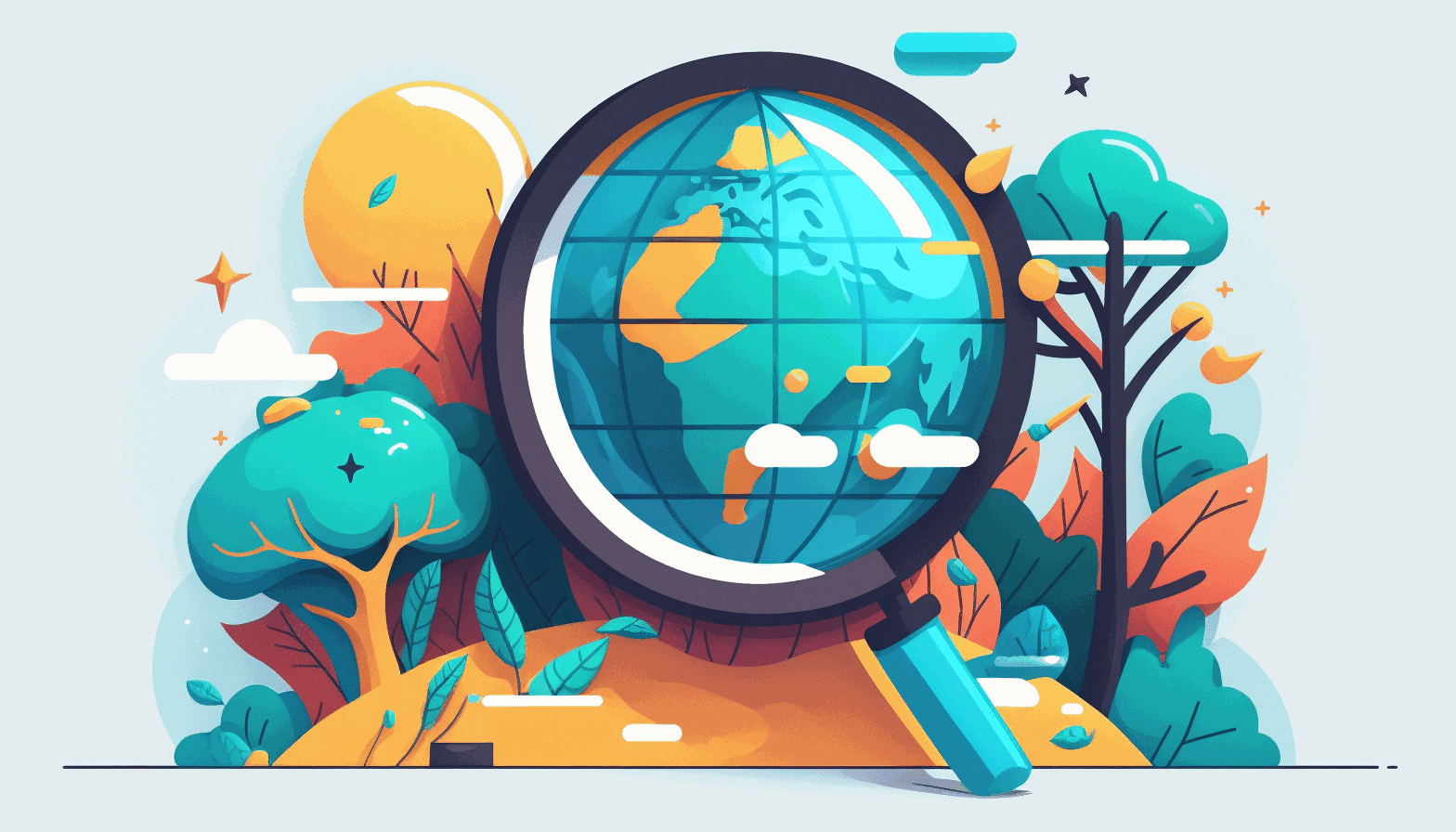 A cartoonish world globe with a magnifying glass hovering over it symbolizing the Presearch platform as a community-driven and decentralized search engine