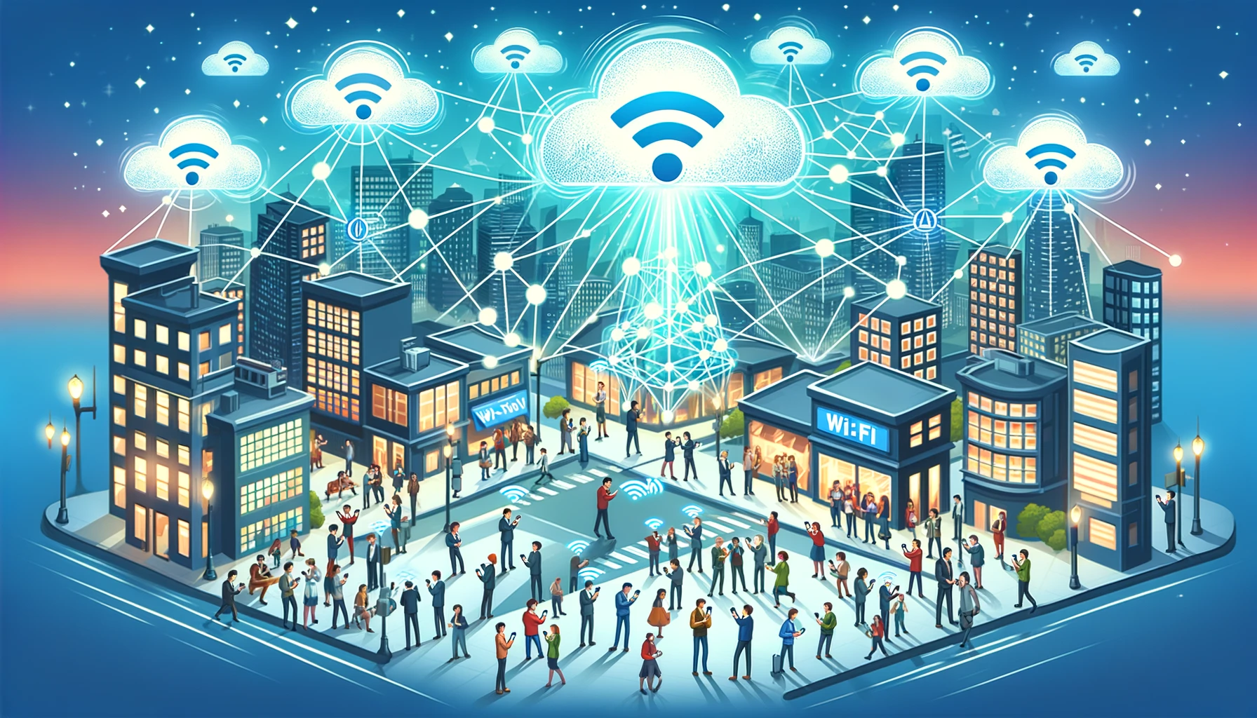 A cartoon-style image depicting a busy cityscape with various people using smartphones connected to strategically placed Wi-Fi symbols representing XNET access points, all seamlessly interconnected with glowing lines. The sky above shows digital clouds shaped like network icons.