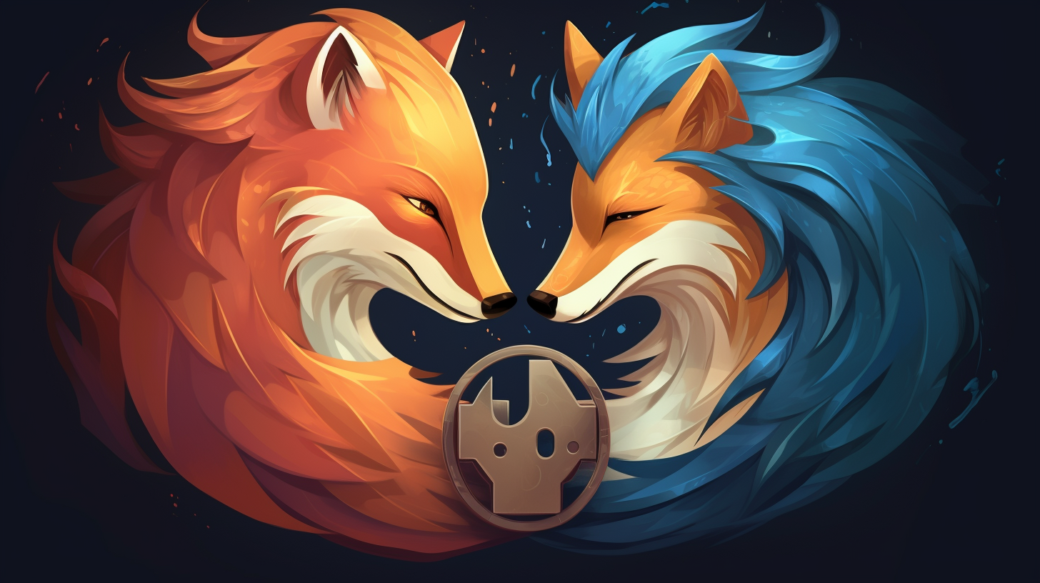 A symbolic illustration depicting LibreWolf and Firefox browsers side by side, emphasizing privacy and security, with a padlock symbol.